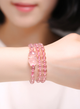 天然粉水晶小狐狸手链女粉晶手串