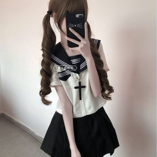 三件套JK制服穿搭正统白三本中间水手服搭配同黑百褶裙软妹套装 - 图3