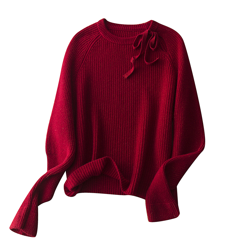 优雅气质全羊毛夹亮丝暗闪露锁骨领口蝴蝶结系带设计感针织衫毛衣 - 图3