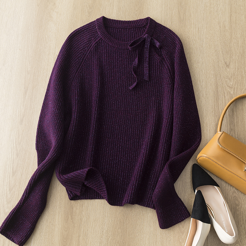 优雅气质全羊毛夹亮丝暗闪露锁骨领口蝴蝶结系带设计感针织衫毛衣 - 图2