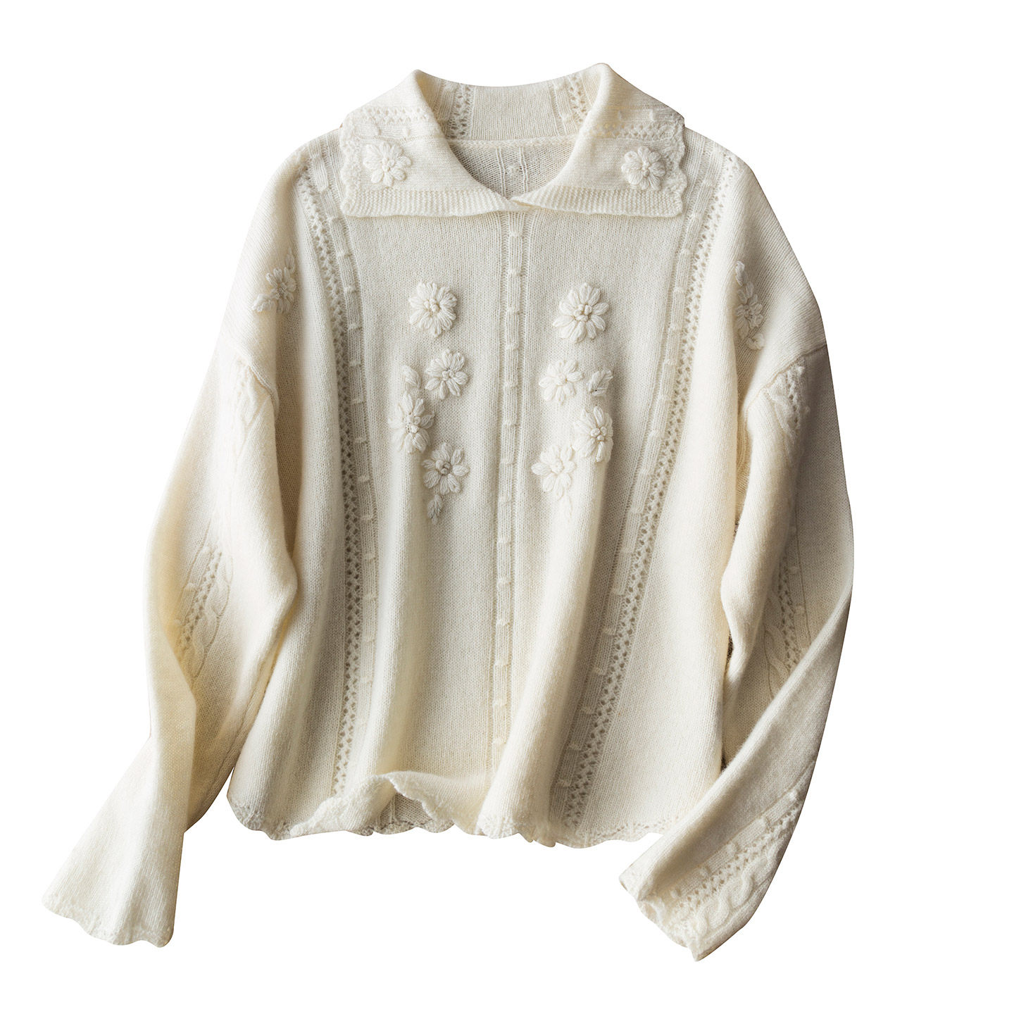 法式甜心~软糯羊毛手工立体刺绣花朵针织衫减龄温柔感翻领毛衣女,淘宝优惠券,粉丝福利购,淘宝优惠卷
