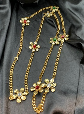 中古Vintage毛衣链双层项链饰品欧美复古森系山茶玻璃花朵高级感