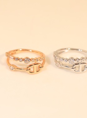 猪鼻子戒指双层V金带钻厚电镀18k玫瑰金跨境时尚欧美叠戴几何时尚
