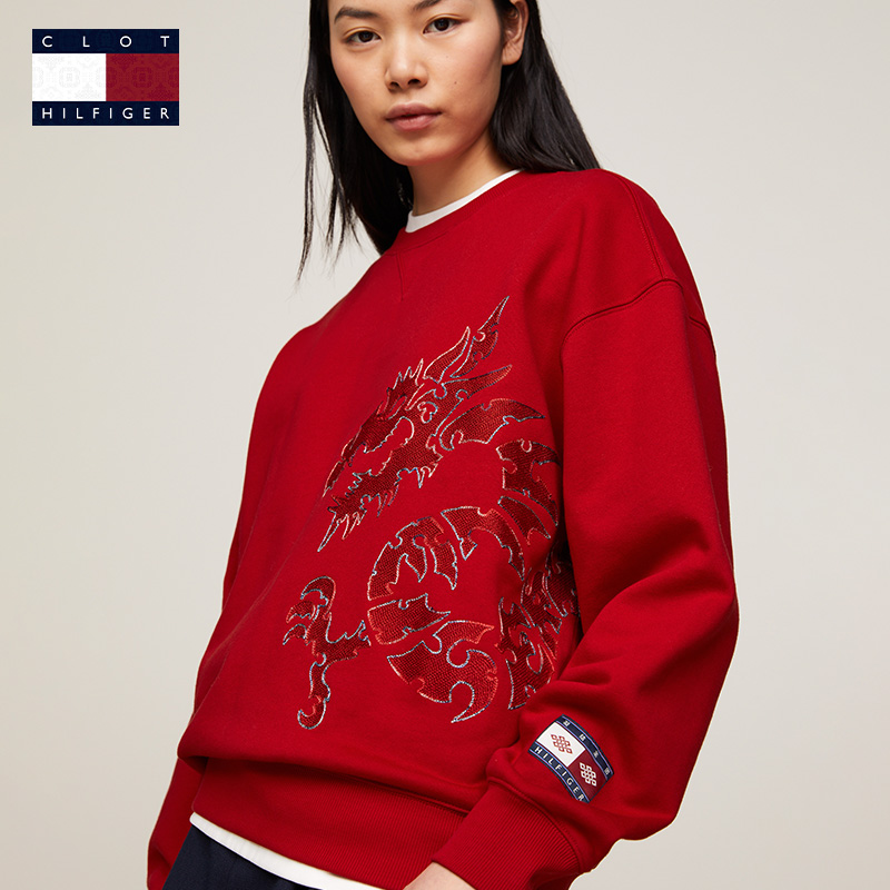 Tommy X Clot 新春特别系列秋冬男女龙纹刺绣宽松圆领红色卫衣 - 图3