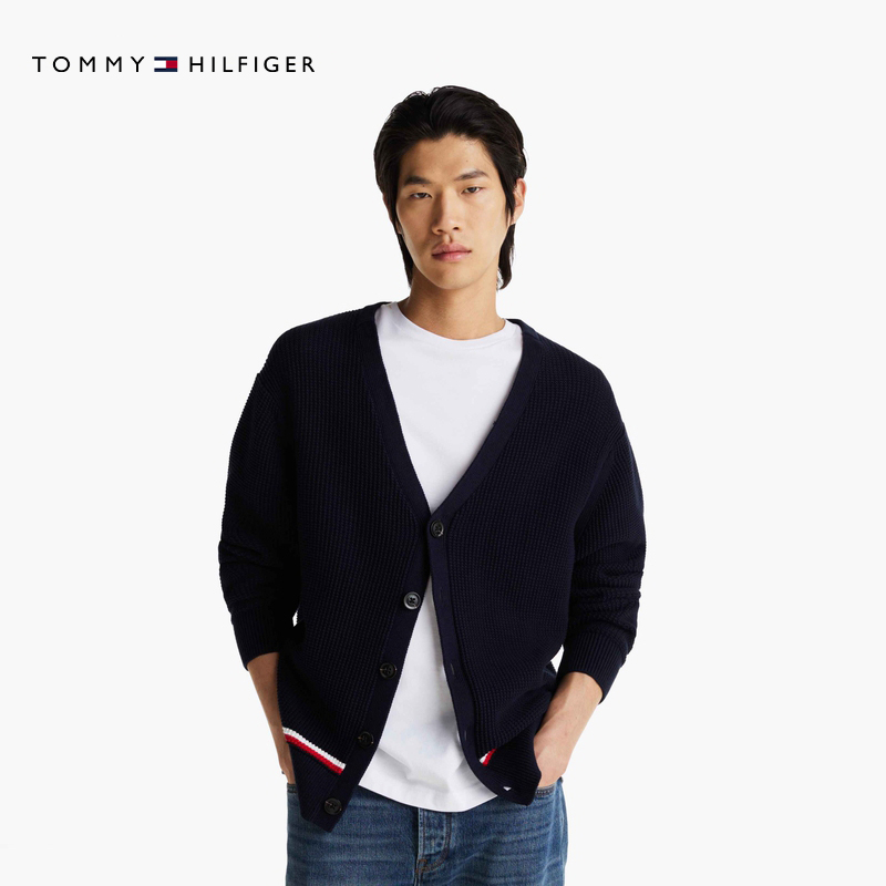 Tommy25春夏新款男装纯棉肌理V领慵懒宽松美式风毛衣针织开衫外套 - 图0