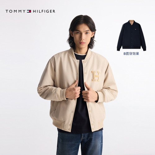 【防泼水】Tommy秋冬男装双面穿美式潮流宽松棒球领棉服夹克外套 - 图0