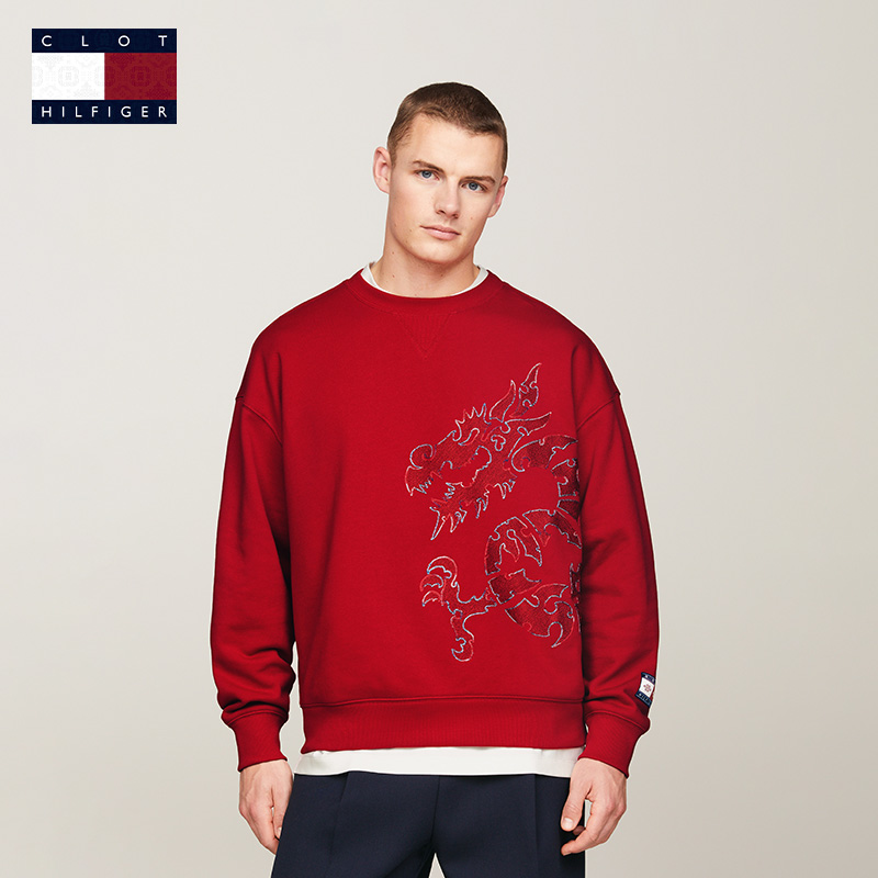 Tommy X Clot 新春特别系列秋冬男女龙纹刺绣宽松圆领红色卫衣 - 图0