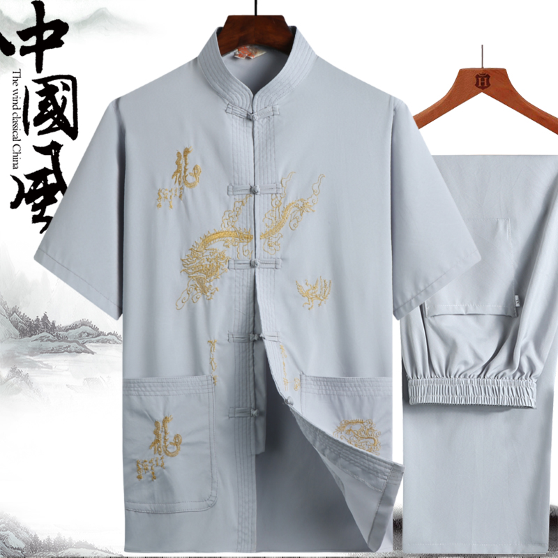 酷森实业服饰中老年人男士唐装短袖衬衫套装夏季汉服爸爸中式爷爷大码民族服装2