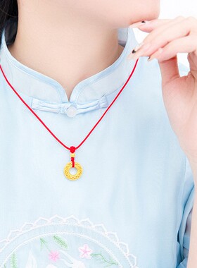 包金黄金包银凤羽平安扣吊坠黄金色项链女转运珠本命年红绳情侣款