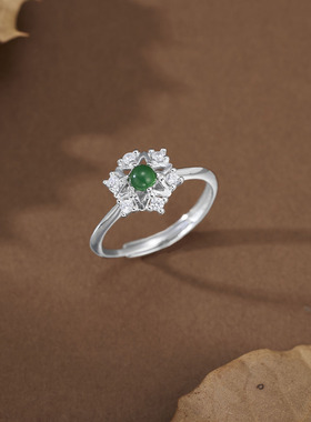 s925纯银饰新款雪花戒指女镶嵌蛋面A货天然危料翡翠绿色活口指环