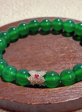S925纯银新款8mm天然高冰种绿玉髓珠子手链翡翠绿色手串玛瑙手饰