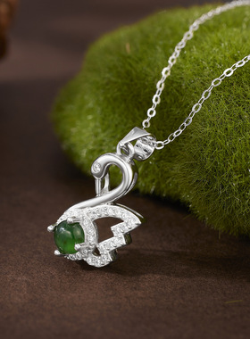 欧美风小天鹅项链s925纯银饰镶嵌天然碧玉珠绿色珠子颈饰女锁骨链