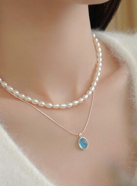 s925纯银天然海蓝宝项链女