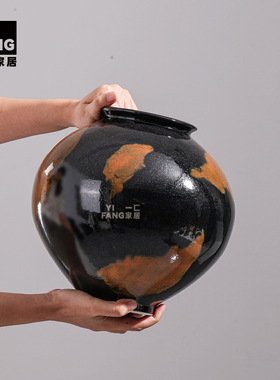 一匚复古黑棕色陶瓷大花瓶摆件