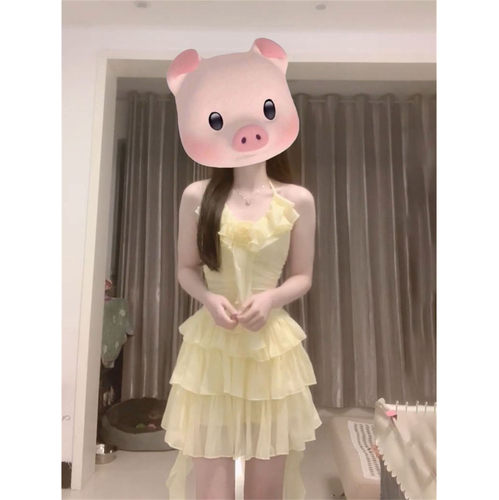 纯欲风小个子修身显瘦荷叶蛋糕连衣裙夏季不规则褶皱吊带仙女短裙 - 图0