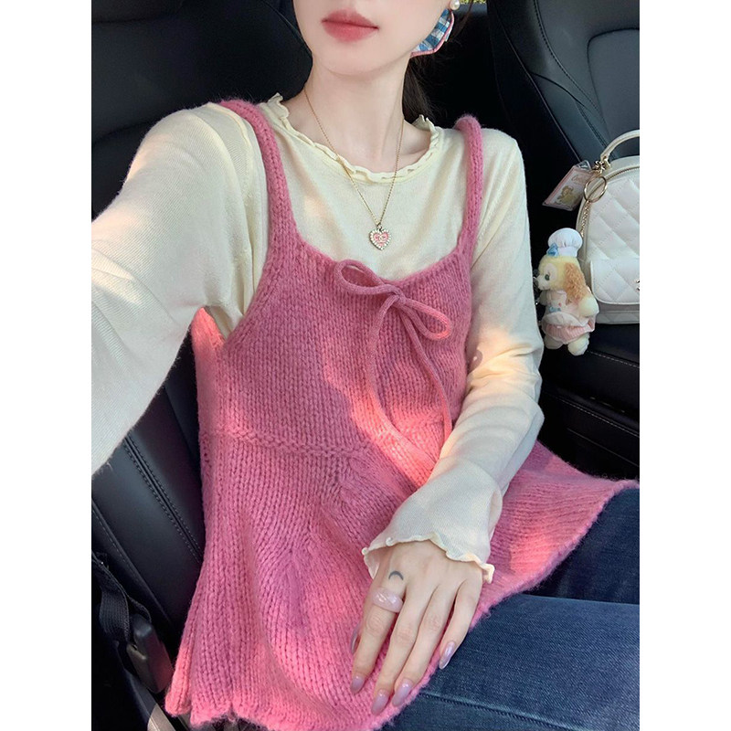 韩系时尚温柔蝴蝶结系带粉色针织吊带背心搭配打底上衣衫两件套装,淘宝优惠券,粉丝福利购,淘宝优惠卷