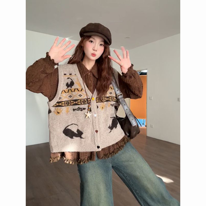 秋冬温柔慵懒风复古木耳边长袖衬衫叠穿针织撞色马甲开衫两件套装,淘宝优惠券,粉丝福利购,淘宝优惠卷