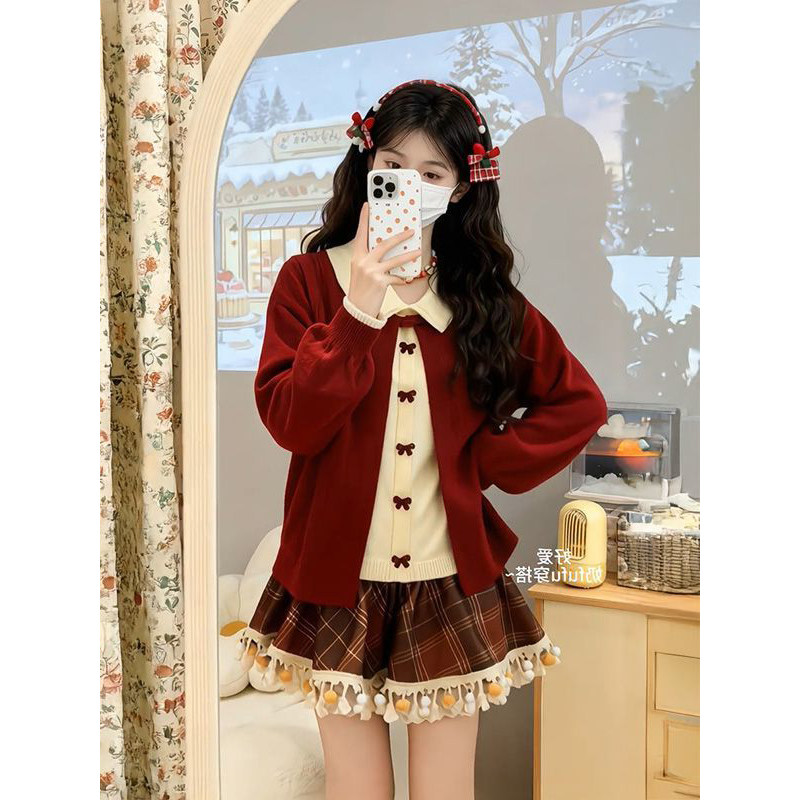 2026新年温柔圣诞红色假两件蝴蝶结毛衣搭配格纹毛绒边裙两件套装,淘宝优惠券,粉丝福利购,淘宝优惠卷