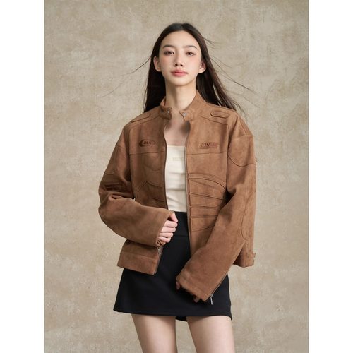 BONELESS刺绣logo麂皮机车夹克秋季美式高街休闲翻领复古外套男 - 图1