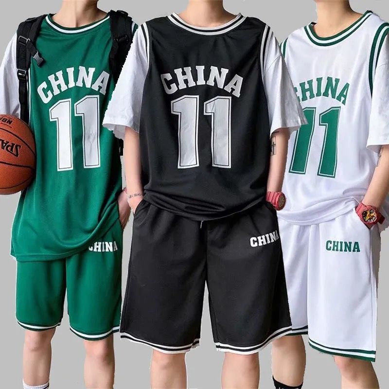 篮球服港风班服男运动套装韩版潮流帅气情侣假两件23号短袖两件套