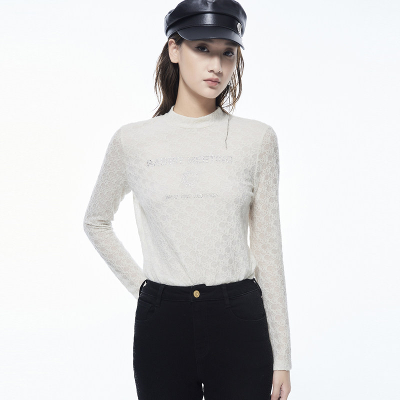 卡拉佛米白色修身显瘦设计感针织衫 colove蕾丝衫/雪纺衫