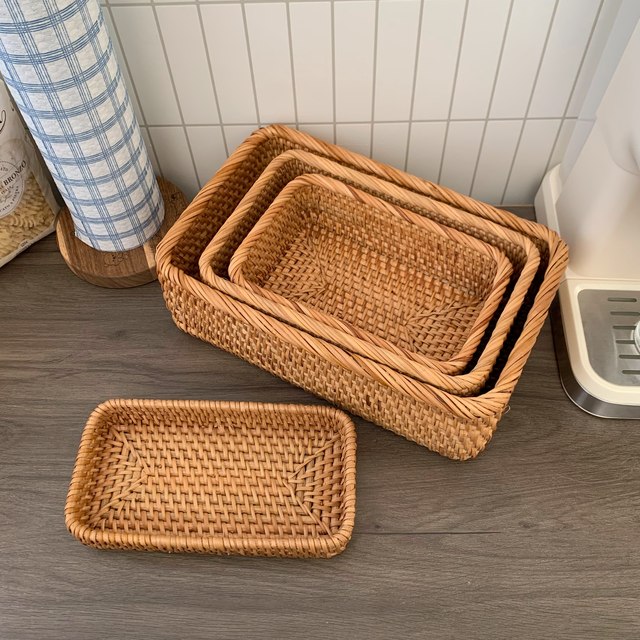 Retro rattan storage basket ins desktop storage box rectangular cosmetics finishing box tea table miscellaneous storage basket