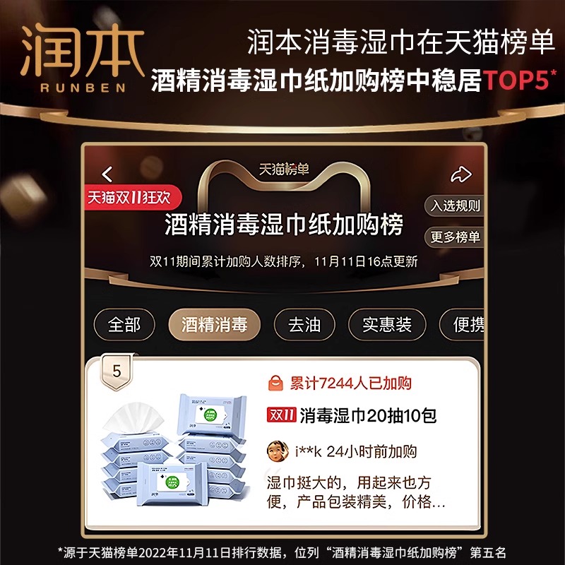 润本酒精湿巾消毒湿纸巾婴儿童学生专用小孩杀菌便携酒精棉片20抽