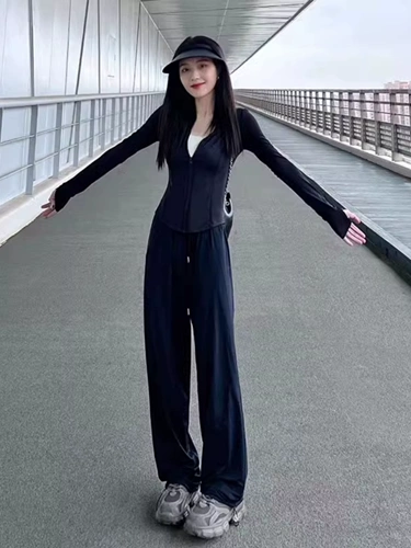 Весенняя черная шелковая одежда для защиты от солнца, спортивный костюм, комплект, городской стиль