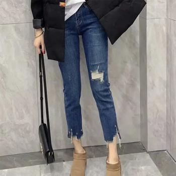 Ripped cigarette pants spring new large size high waist pants cigarette pants women slimming fat mm pear-shaped jeans straight