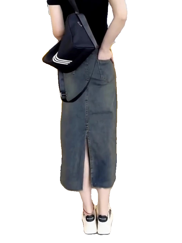开叉牛仔半身裙女2024夏季新款大码胖mm高腰设计感爆款直筒包臀裙 - 图3