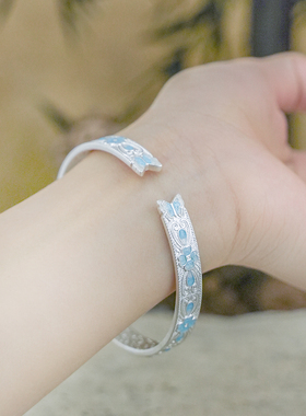 足银999珐琅彩四叶草银手镯女