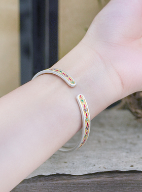 足银999描金珐琅彩凤羽手镯女