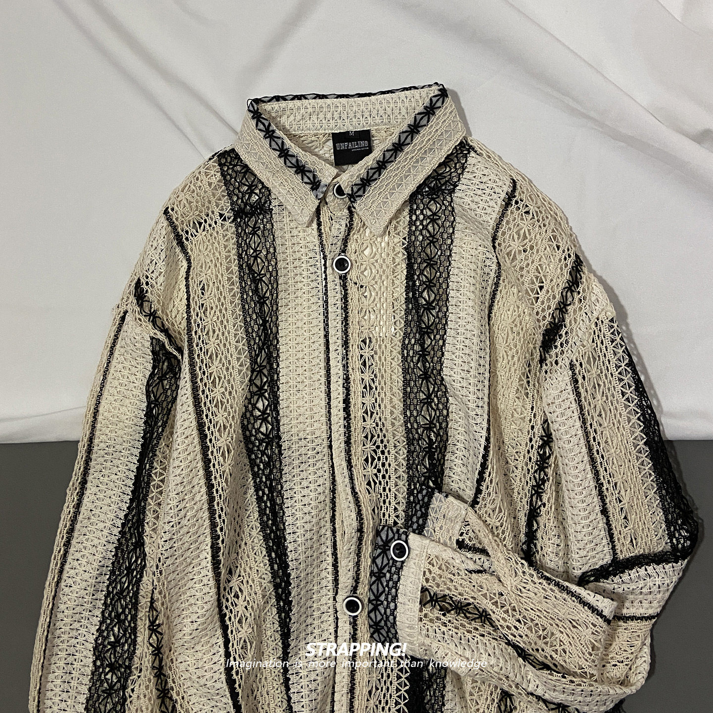 STRAPPING镂空透感 粗条纹棉质长袖衬衫日系复古男女INS宽松文艺 - 图0