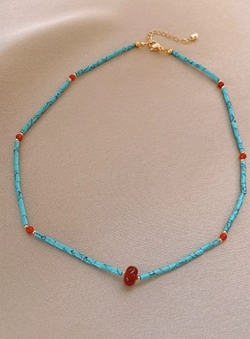 红玛瑙绿松石串珠钛钢项链轻奢