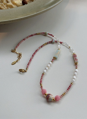 天然红纹石切面淡水珍珠女项链