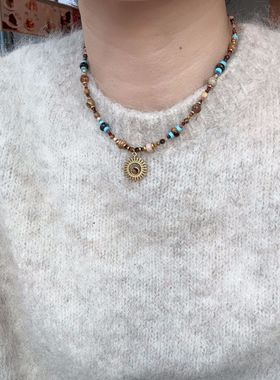 虎眼石小太阳钛钢项链不掉色女