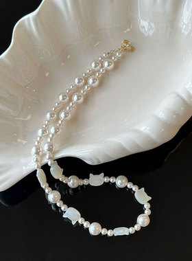 倪妮同款猫猫头贝壳珍珠项链女