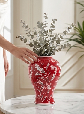 景德镇陶瓷红手绘花纹花瓶摆件