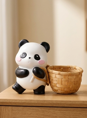 熊猫玄关钥匙收纳竹篮摆件可爱家居入户进门鞋柜客厅装饰乔迁礼物
