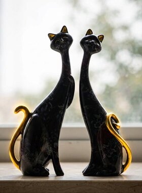 现代轻奢双猫金色尾巴摆件