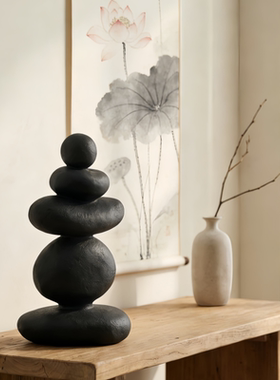 简约风黑色石子叠石艺术摆件