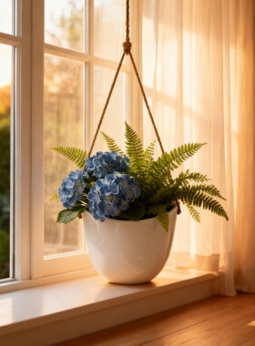 白色陶瓷花盆蓝绣球绿植吊挂摆件