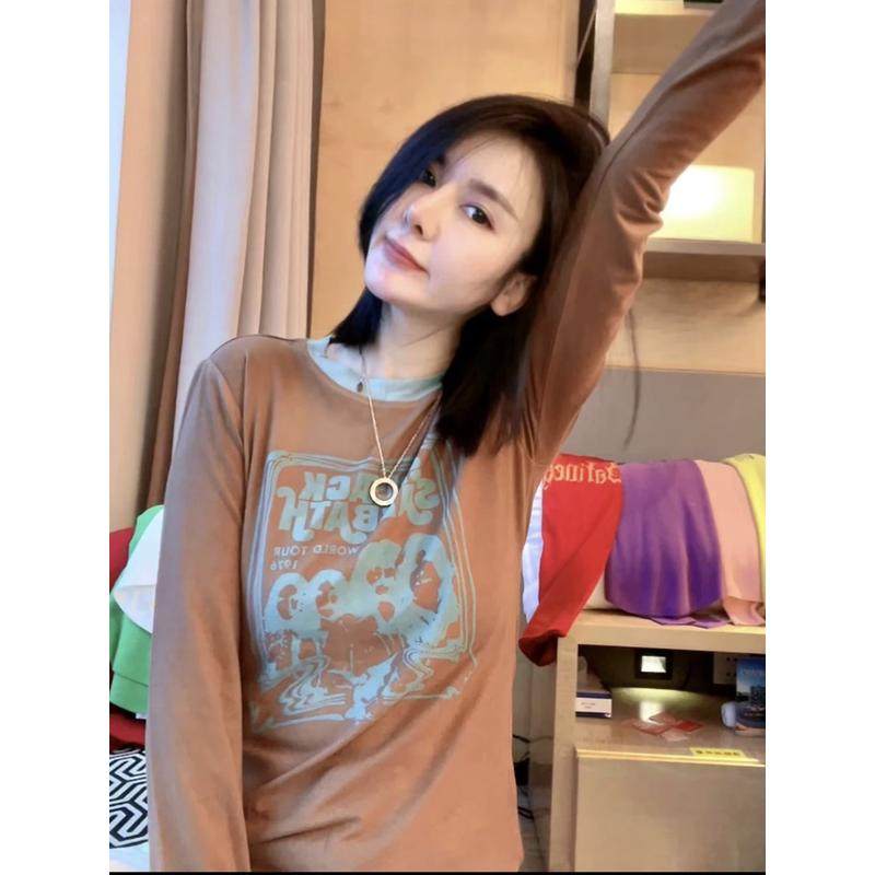 撞色领口长袖恤女2024早春新款时尚百搭四小人印花大码打底衫潮,淘宝优惠券,粉丝福利购,淘宝优惠卷