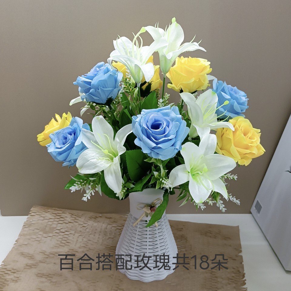 仿真花玫瑰百合花束花瓶套装室内客厅婚房餐厅茶几桌面装饰摆件 - 图0