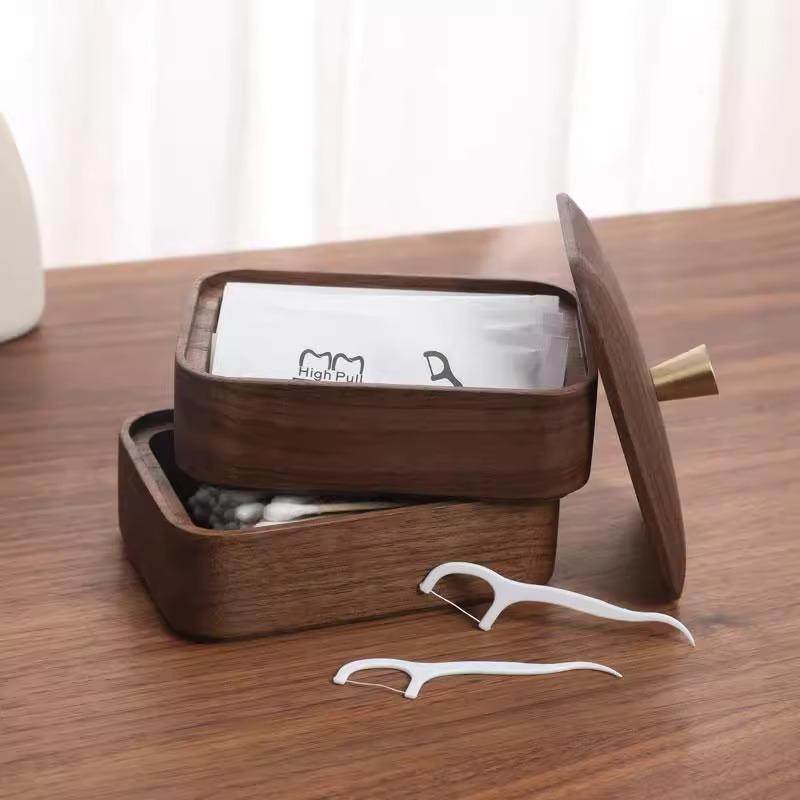 黑胡桃木牙签牙线收纳盒带盖棉签盒家用双层牙签筒木质桌面整理盒,淘宝优惠券,粉丝福利购,淘宝优惠卷