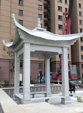 热销石雕户外六角凉亭晚霞红单层中式亭子大理石石头石亭园林广场