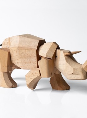 创意家居饰品实木大犀牛桌面摆件儿童房样板间装饰品客厅送礼