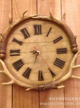 热销美式乡村复古创意树脂鹿角钟表挂饰客厅书房墙饰装饰挂件鹿角