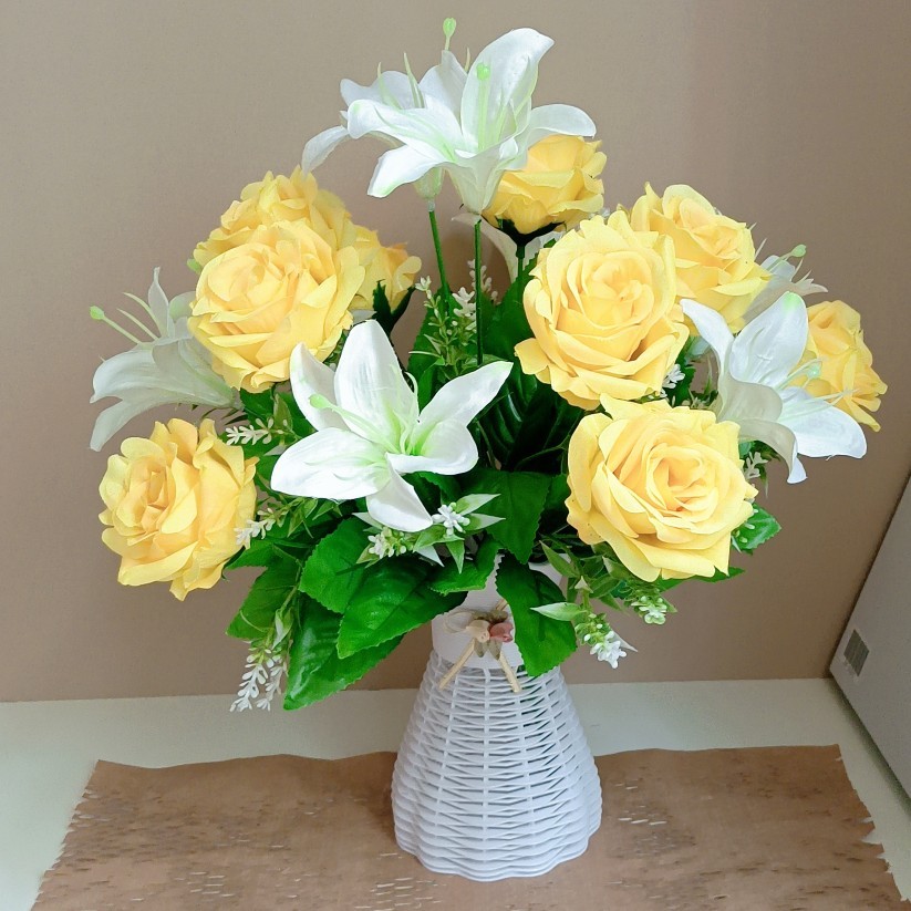 仿真花玫瑰百合花束花瓶套装室内客厅婚房餐厅茶几桌面装饰摆件 - 图3