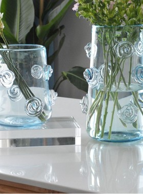 热销欣可家居现代简约轻奢浅墨水蓝螺纹玻璃花瓶样板房摆件售楼处